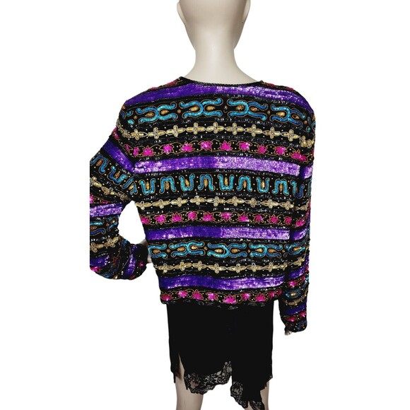 Vintage 80s Tate Mate 100% Silk Beaded Sequined Mixed Media Party Jacket India - Picture 11 of 12